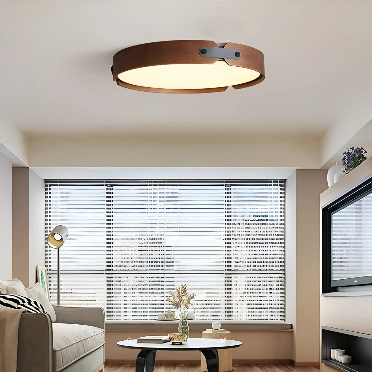 Japanese wooden ceiling lamp with natural wood shade and PMMA lampshade in bedroom setting