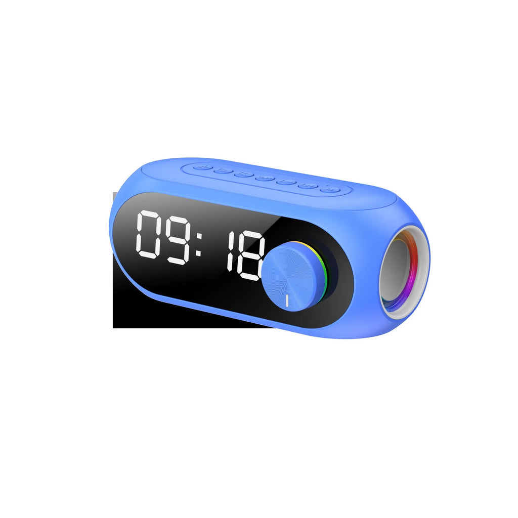 Extra bass portable mini clock speaker in S8 Black, S8 White, and S8 Blue colour options with USB charging cable