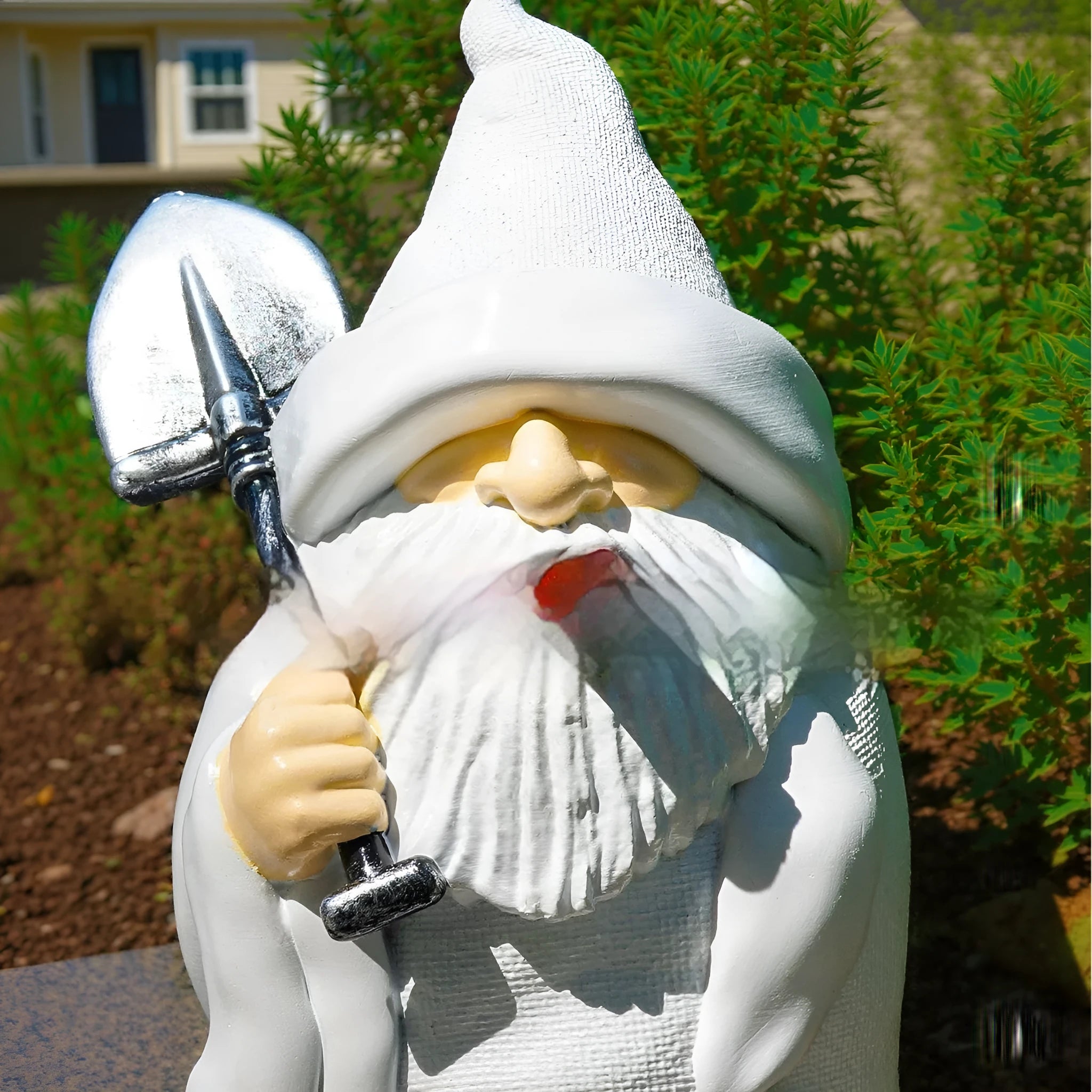 Christmas garden ornament featuring colourful dwarf smoking pipe, resin and plastic construction