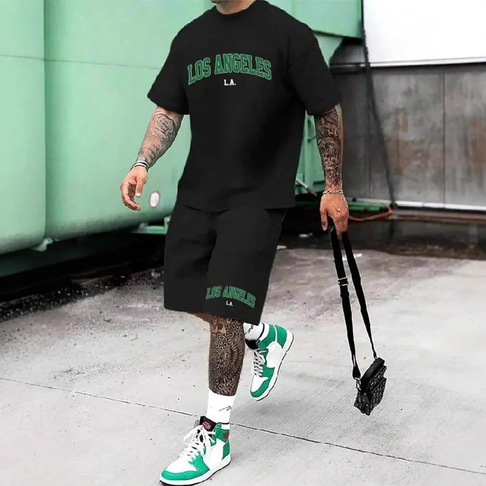 Men's short sleeve top and shorts set with 3D printed letter design in a sports leisure style.