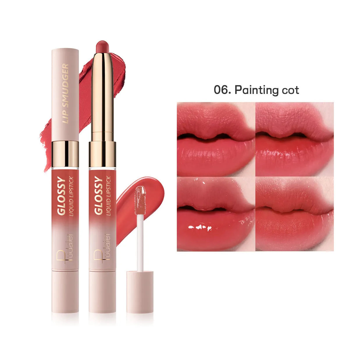 Double-headed lipstick and lip gloss in matte finish, showing ten different shade colour options.