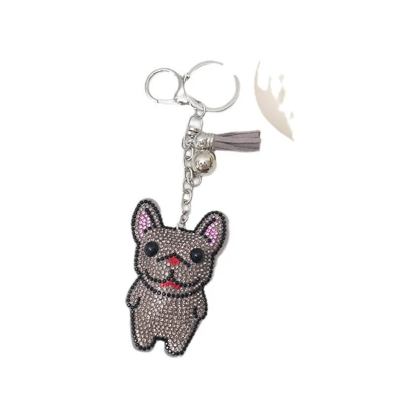 French dog rhinestone keychain with cartoon animal pendant in caramel colour