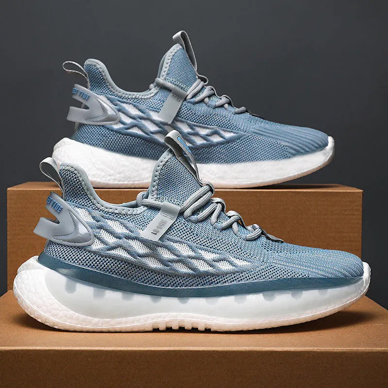 Men's white mesh platform sneakers with flat heel and front lace-up design