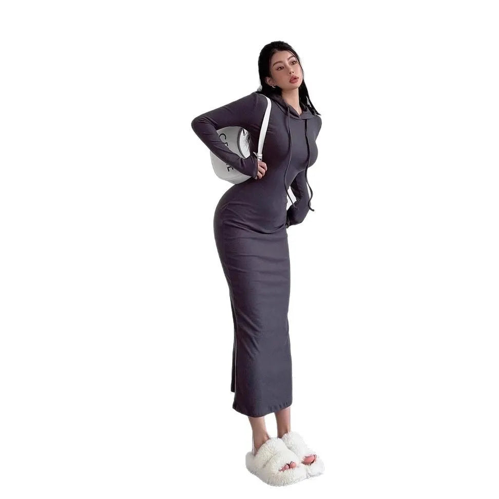 Women's grey hooded long sleeve sheath dress with a high waist on a hanger.