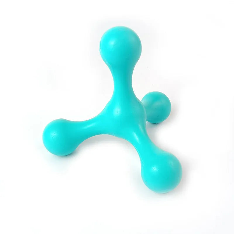 Blue silicone three-leg chew toy for small to medium dogs on white background
