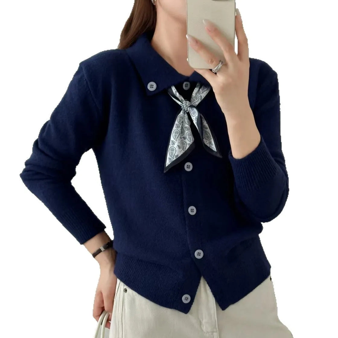 Women's grey lapel scarf cardigan sweater with colour-block panels and long sleeves.