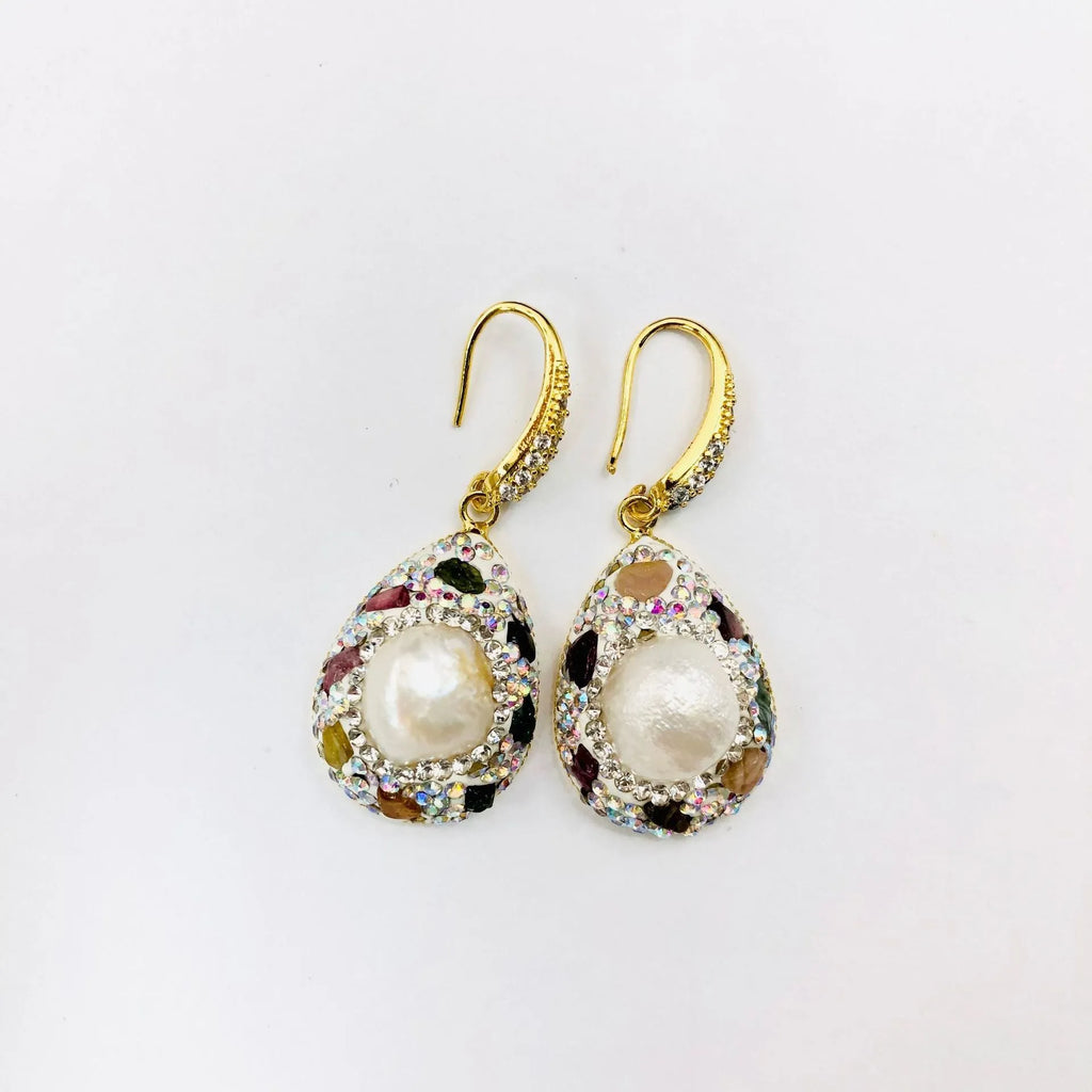 Natural freshwater pearl earrings for women with colourful teardrop shape, copper base, and diamond-inlay detail