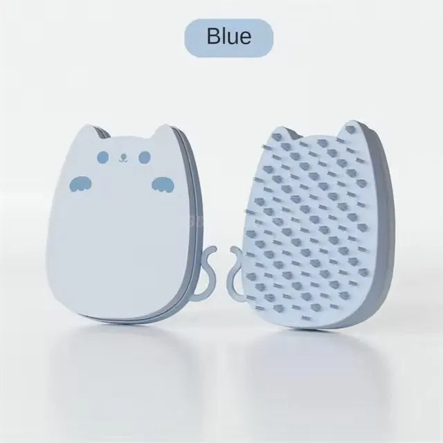 Blue silicone sponge pet comb with dual bristle types for grooming cats and dogs.
