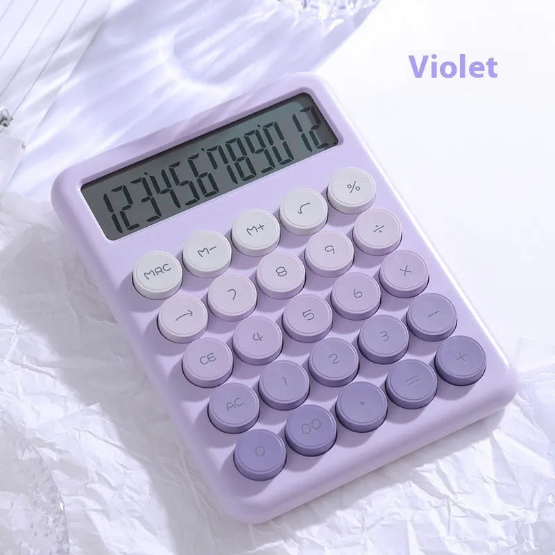 Gradient colour desktop calculator in ABS plastic showing four colour variants.