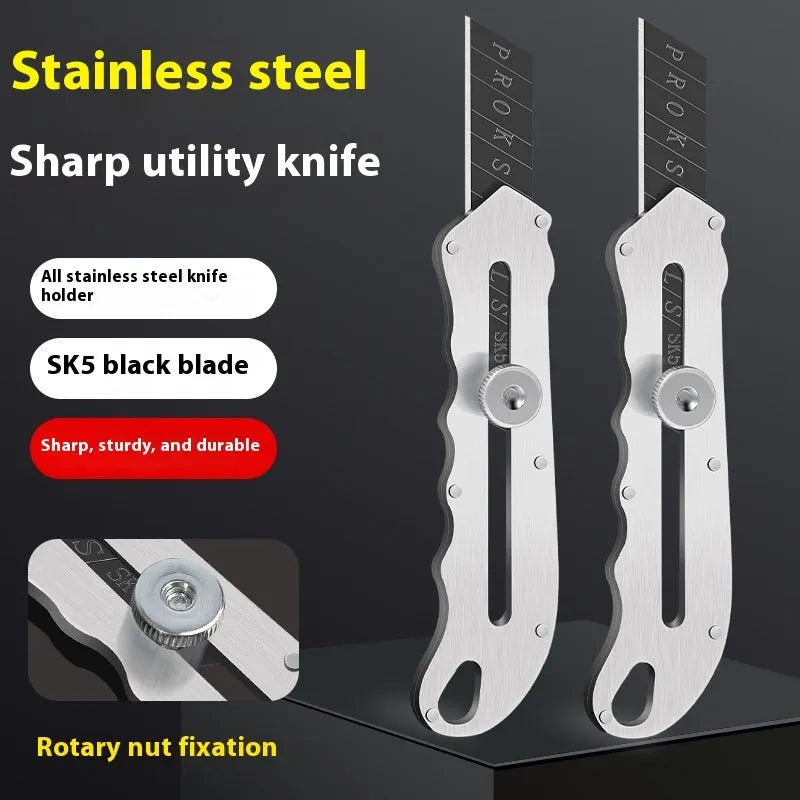Stainless steel folding art knife with black blade and a pack of long and trapezoidal blades.