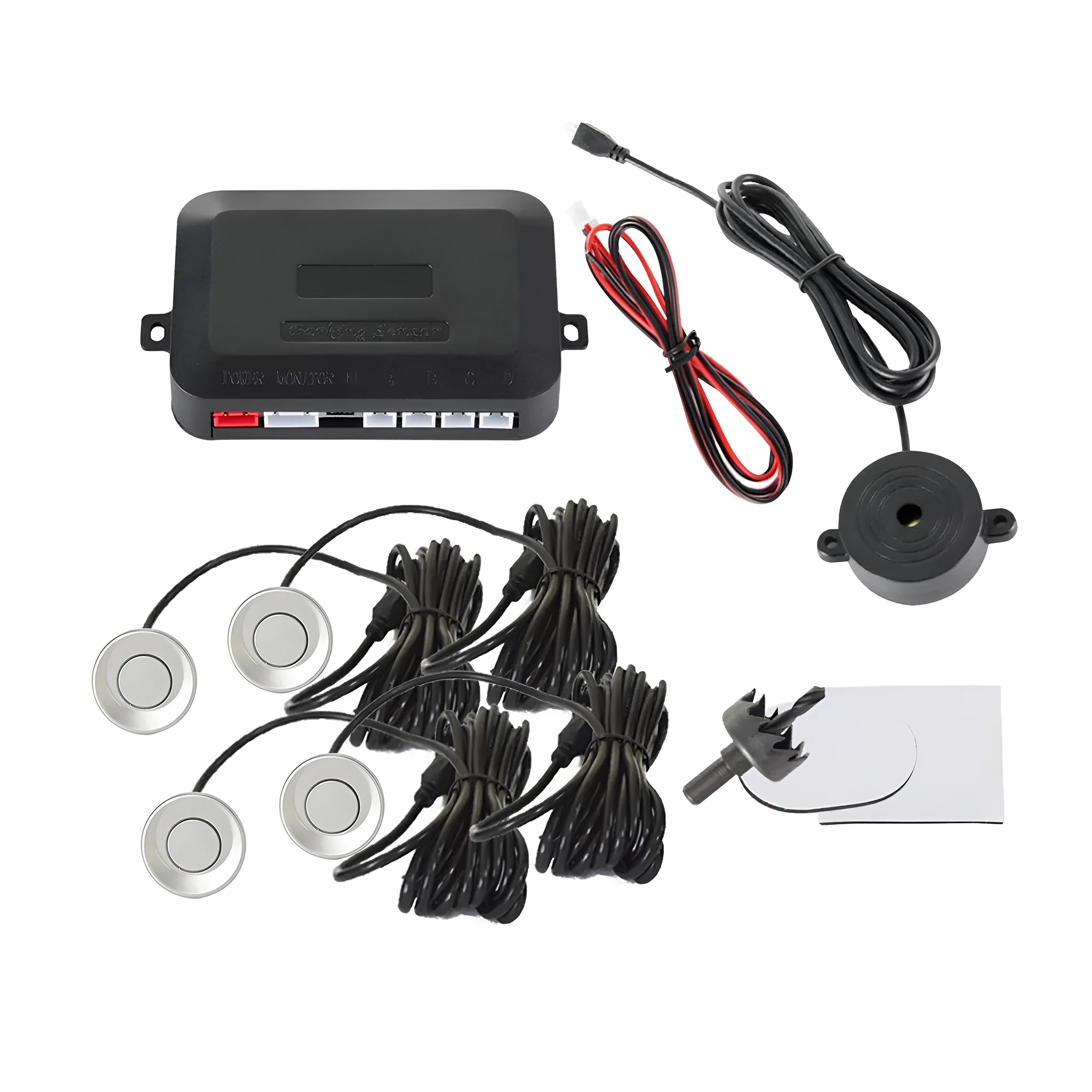 Four-sensor car reversing radar system with control module and installation tools