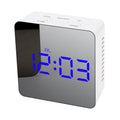 LED digital mirror alarm clock in rectangular or square shape with USB cable, plastic shell, and red blue green or white light