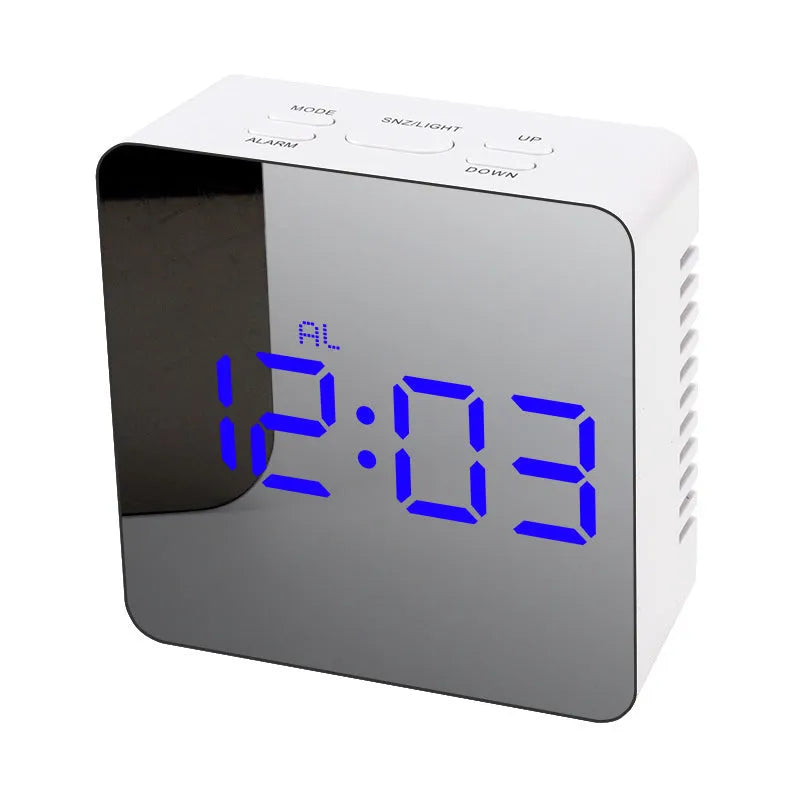 LED digital mirror alarm clock in rectangular or square shape with USB cable, plastic shell, and red blue green or white light