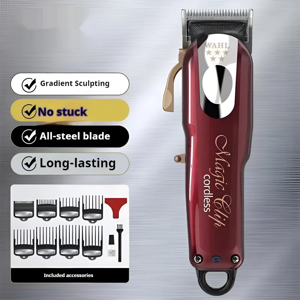 Charging hair clippers with stainless steel cutter head showing EU UK US plug options