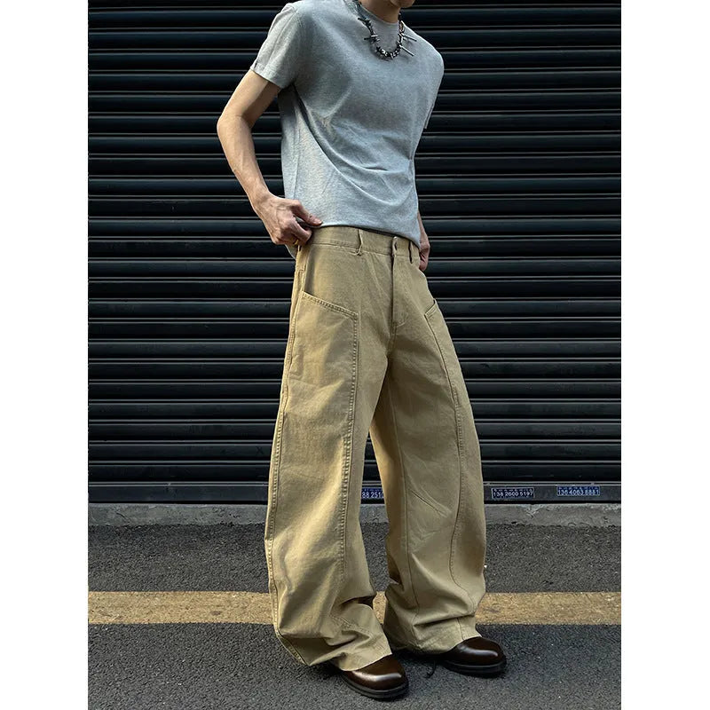 Men's khaki cotton straight leg casual trousers on a white background