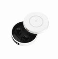 Mini semi-in-ear wireless headphones with charging compartment in black, white and colour options
