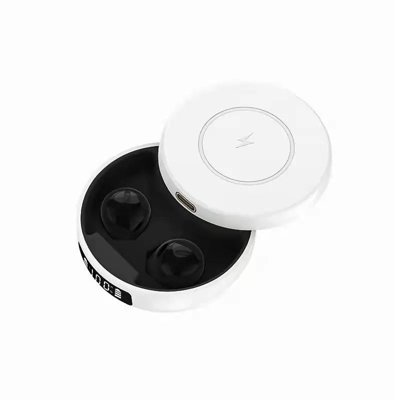 Mini semi-in-ear wireless headphones with charging compartment in black, white and colour options