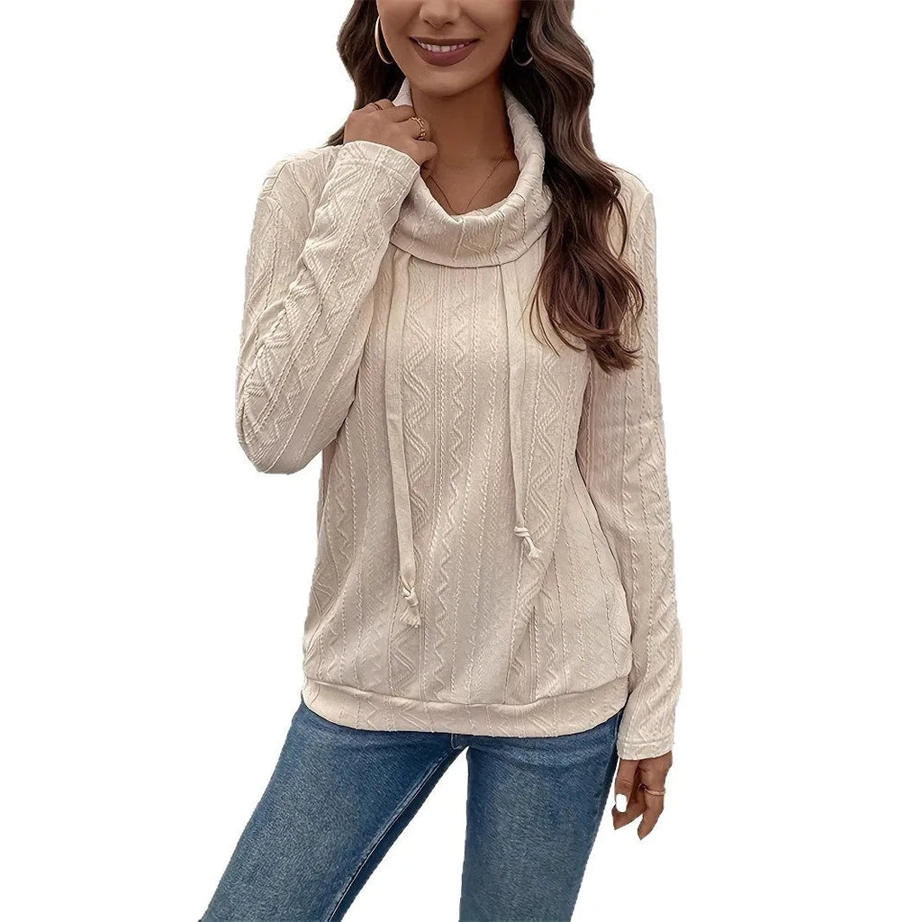 Apricot coloured long sleeve hooded pullover sweater with drawstring