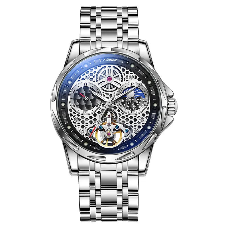 Men's business watch with luminous hands showing steel bracelet and leather strap options