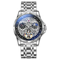 Men's business watch with luminous hands showing steel bracelet and leather strap options