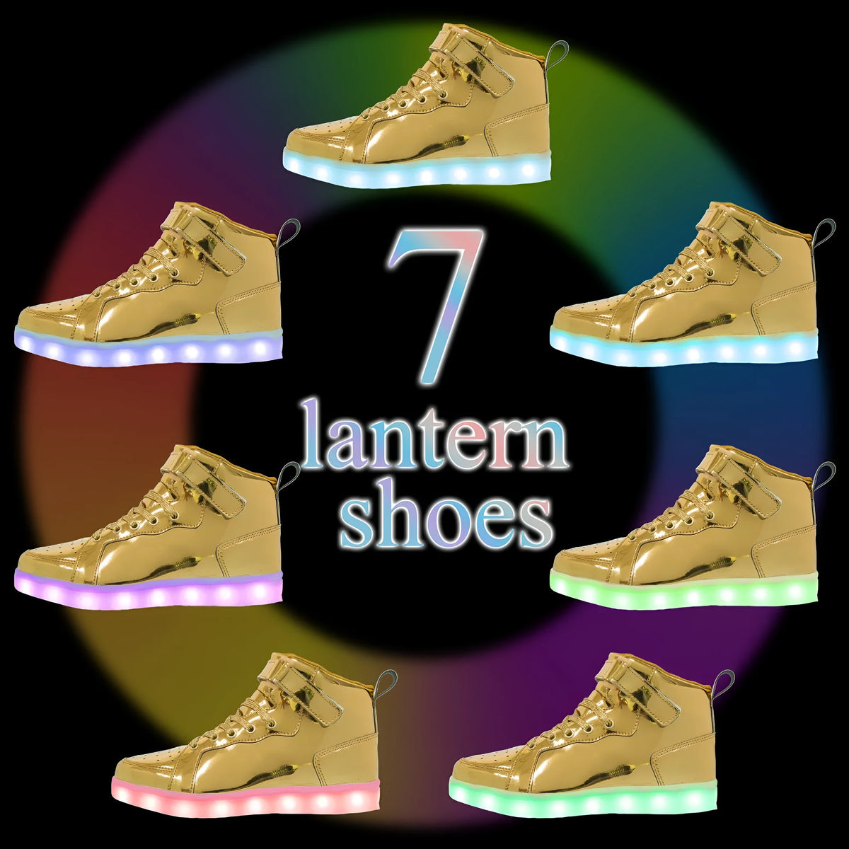 Pair of black high-top sneakers with LED lights illuminated on the side and Velcro straps.