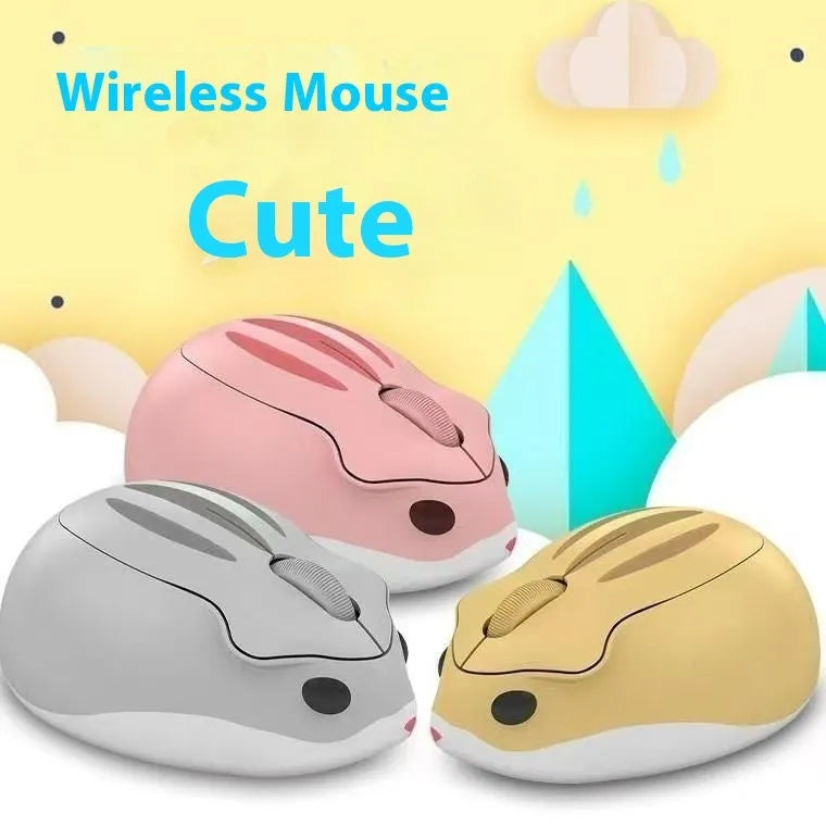 Hamster wireless mute mouse in grey, pink, and yellow colours showing compact design