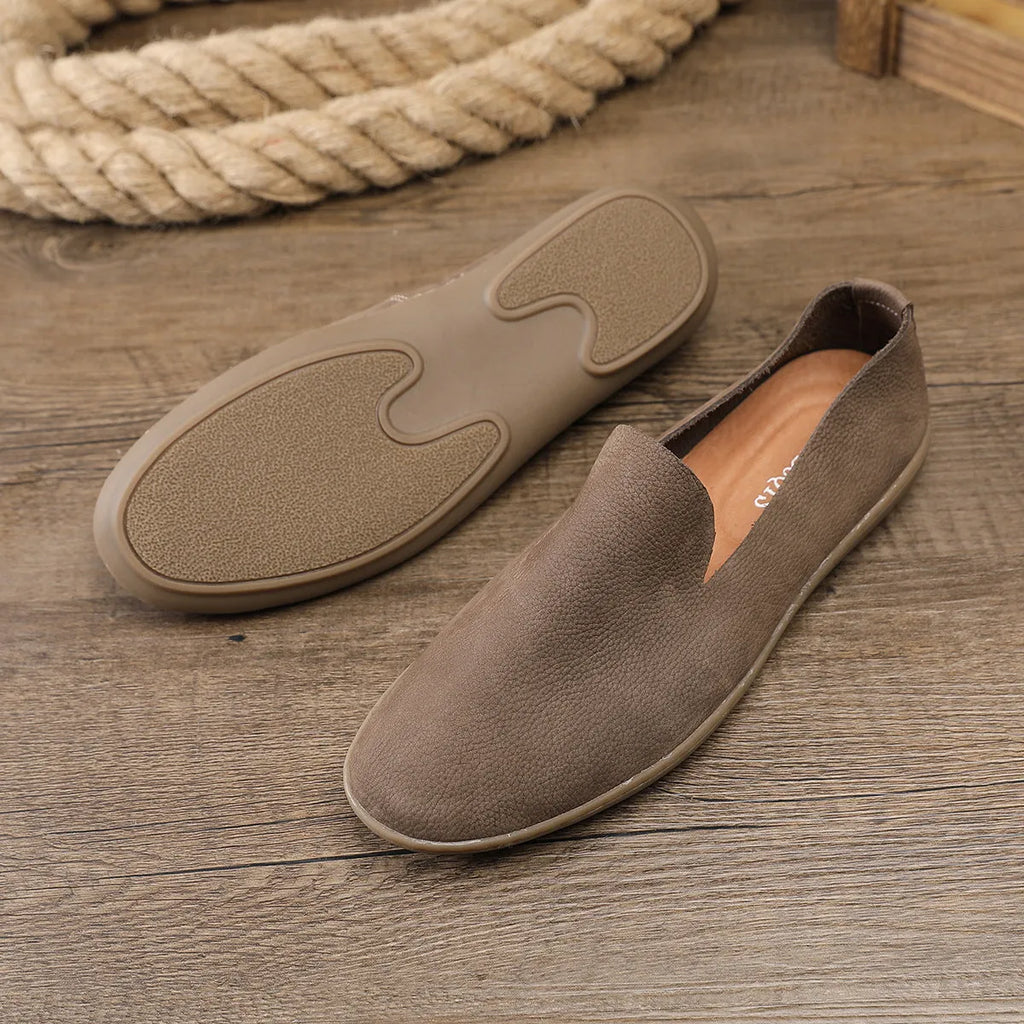Handmade men's casual shoes in khaki and grey colours with cowhide leather construction and flat wedge heel
