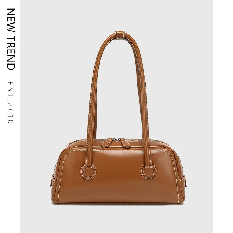 Retro PU underarm bag for women, horizontal square 31x9x14 cm, with zipper phone and file pockets.