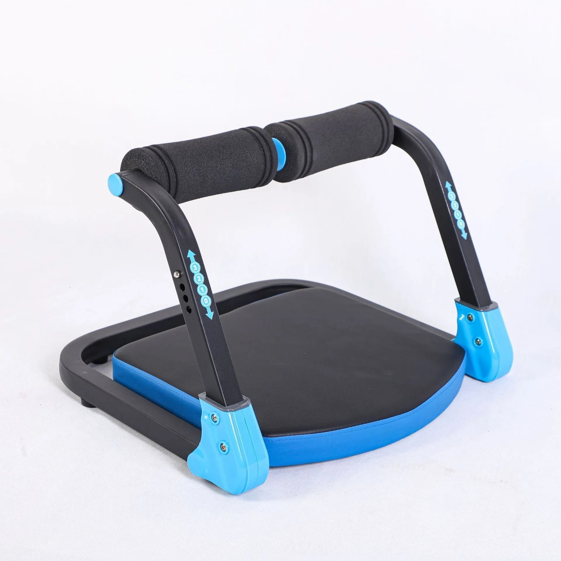 Sky blue and red portable mini abdominal exercise device for home, office, and outdoor use.