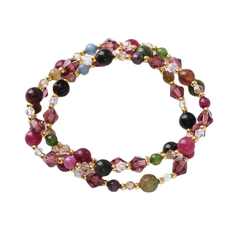 Crystal beaded three-ring bracelet with adjustable 51-52cm length in tourmaline, strawberry quartz or amethyst colours