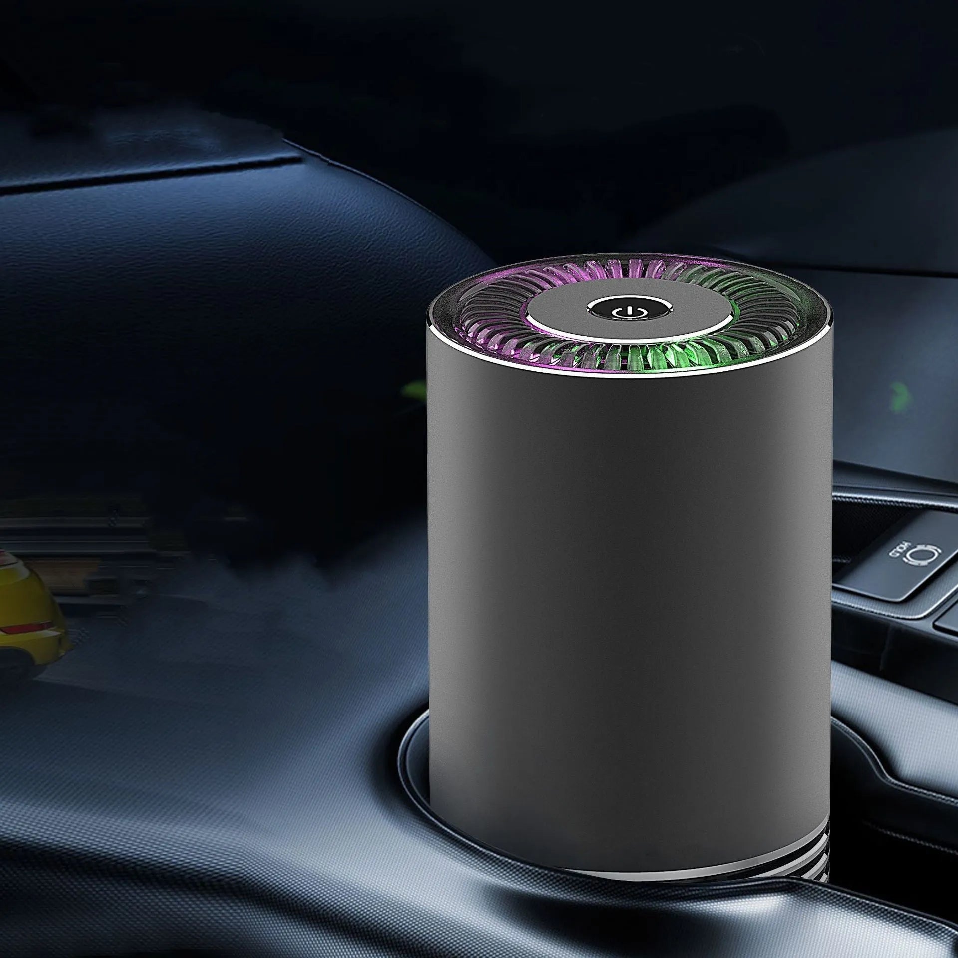 Compact car indoor wireless air purifier in aluminium alloy and ABS construction with negative ion generator