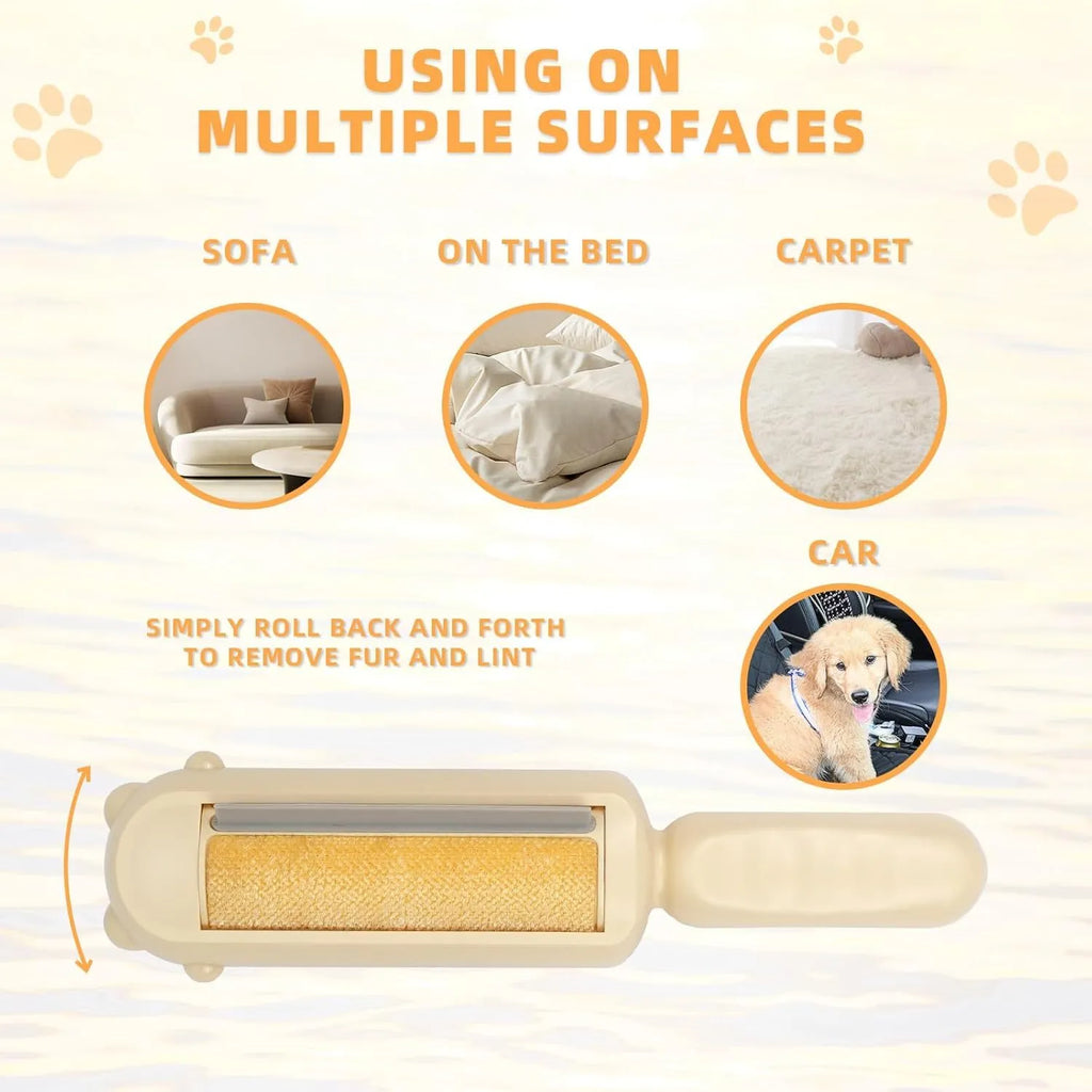 Blue pet hair remover roller with self-cleaning base on a carpet next to a dog.