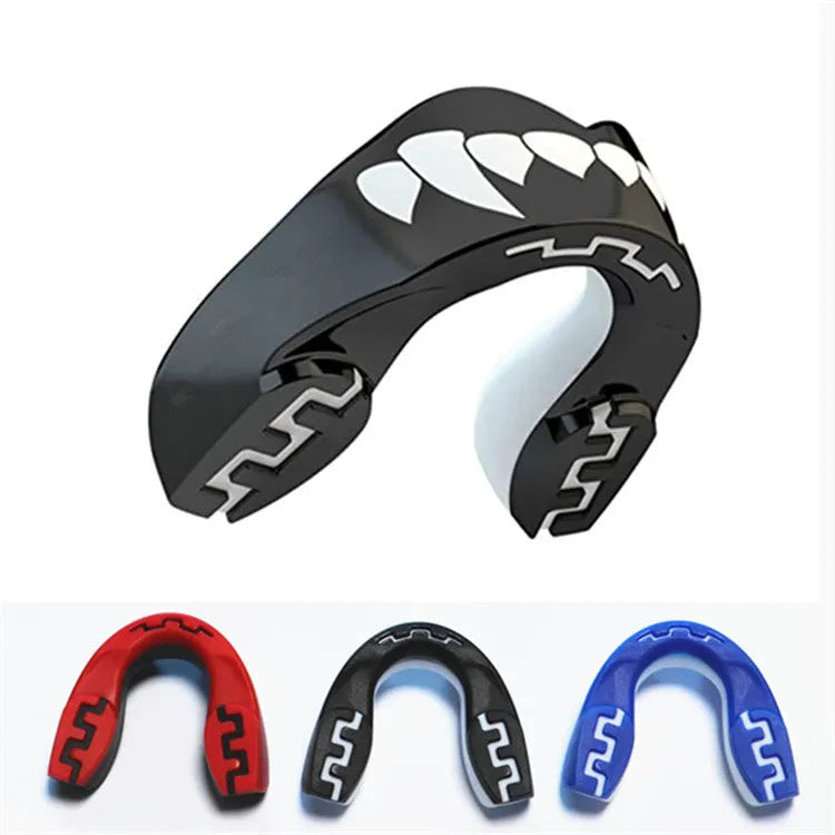 Adult boxing sports mouthguard with printed teeth design in black and white colour.