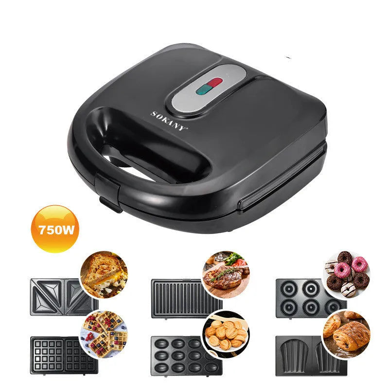 Black electric sandwich pan with double-sided heating, brushed stainless steel lid, and non-stick cooking plates.