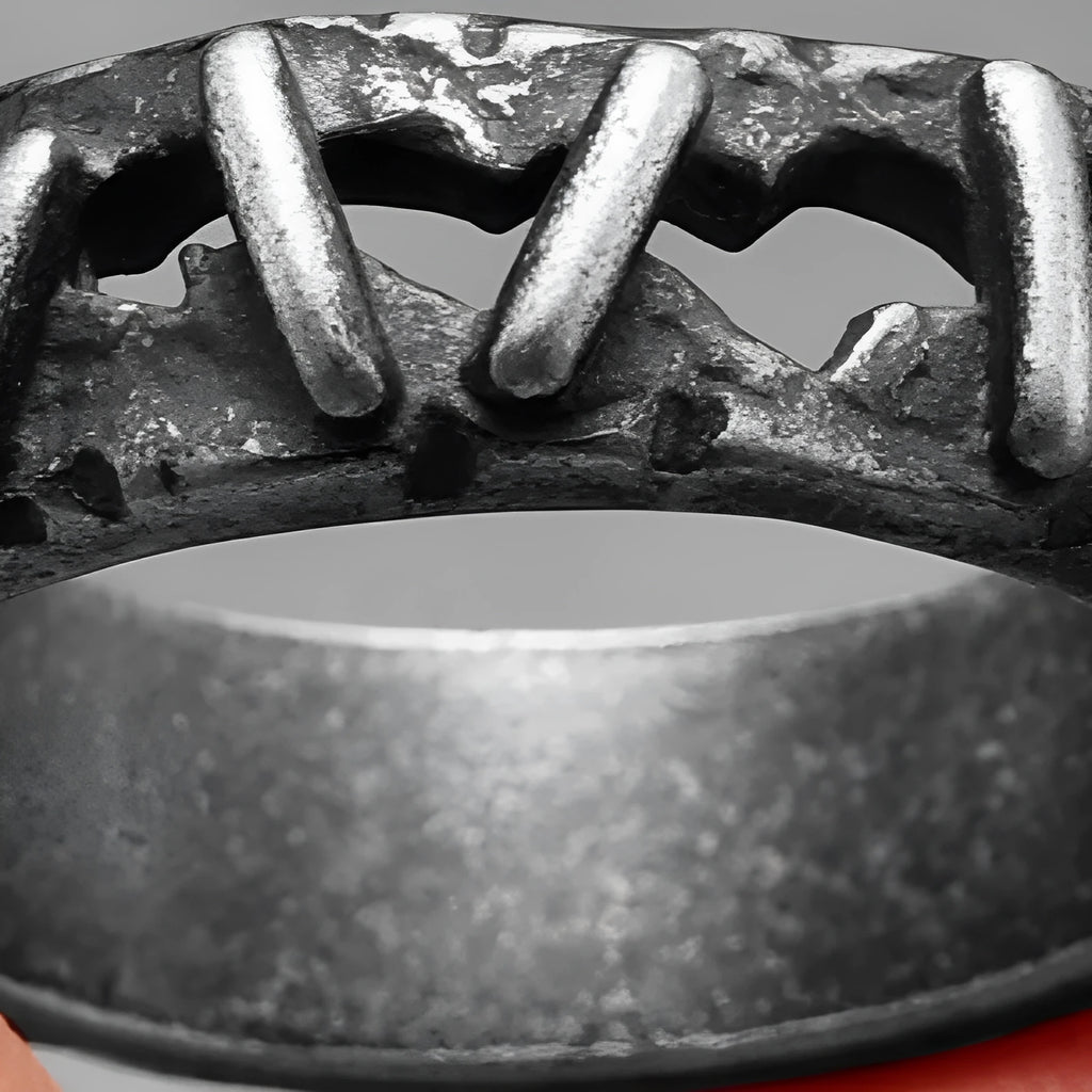 Men's dark stainless steel punk ring with double band and stitching-style texture.
