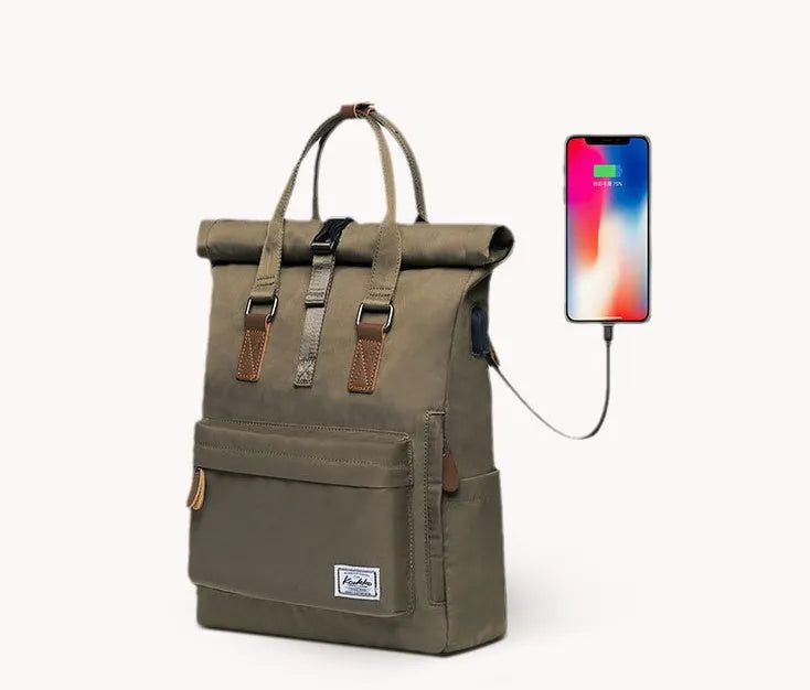 Casual polyester backpack with cover opening showing internal computer pocket and zipper pocket organisation