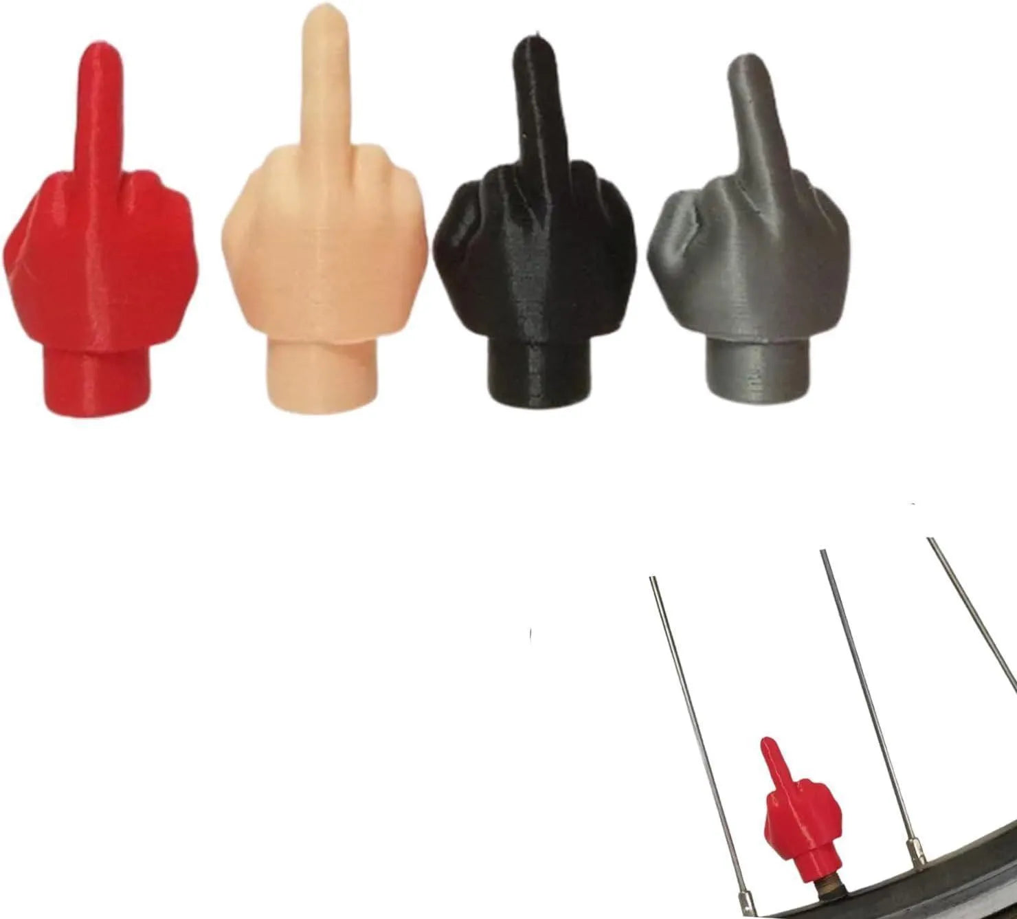 Four latex tyre valve caps, two black and two skin tone, on a grey background