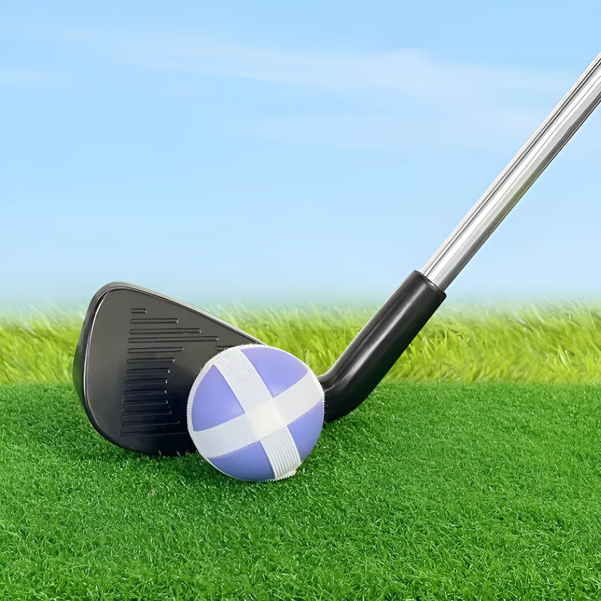 Metal golf club set showing adult and children's clubs for outdoor sports practice