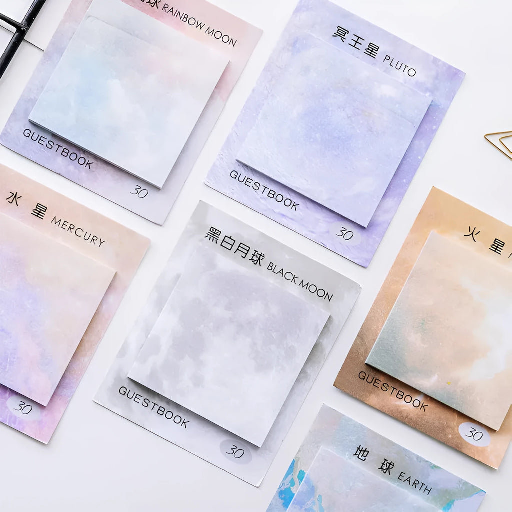 Square planet sticky notes notepad with six celestial designs measuring 7.3cm
