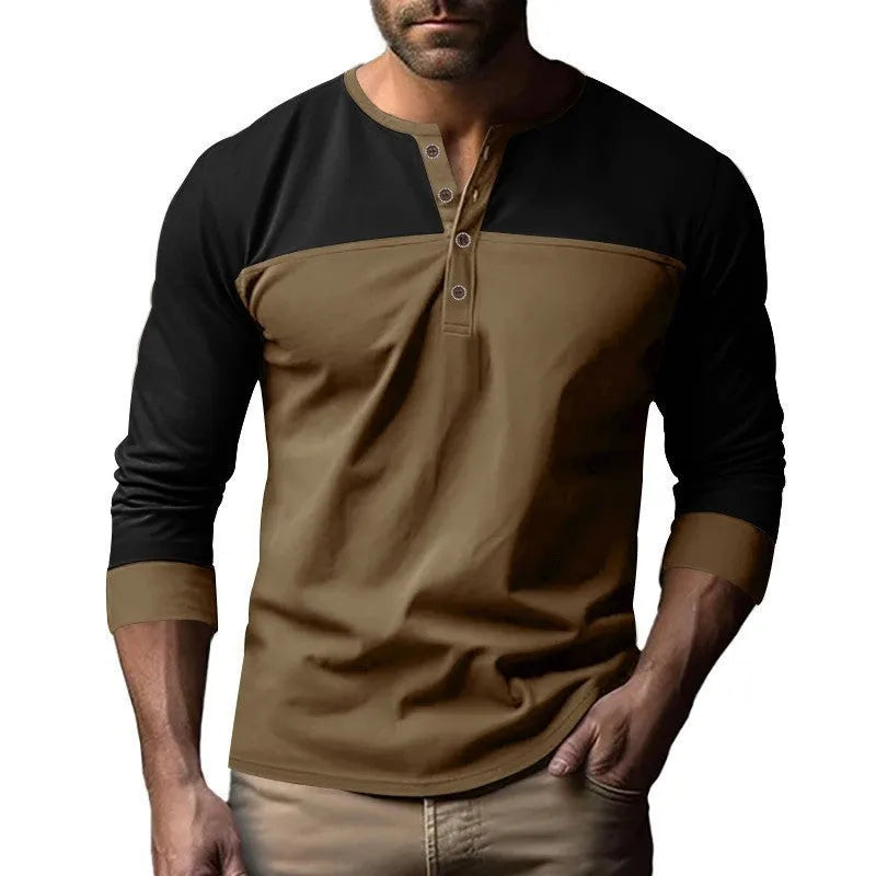 Men's long sleeve casual shirt with henry collar in solid colour beaded twill fabric.