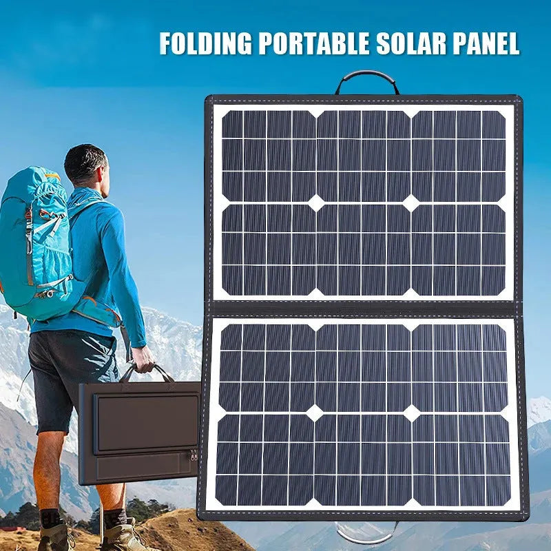 Black 40W monocrystalline folding solar panel bag shown folded to 425x285x8mm for portable outdoor power.