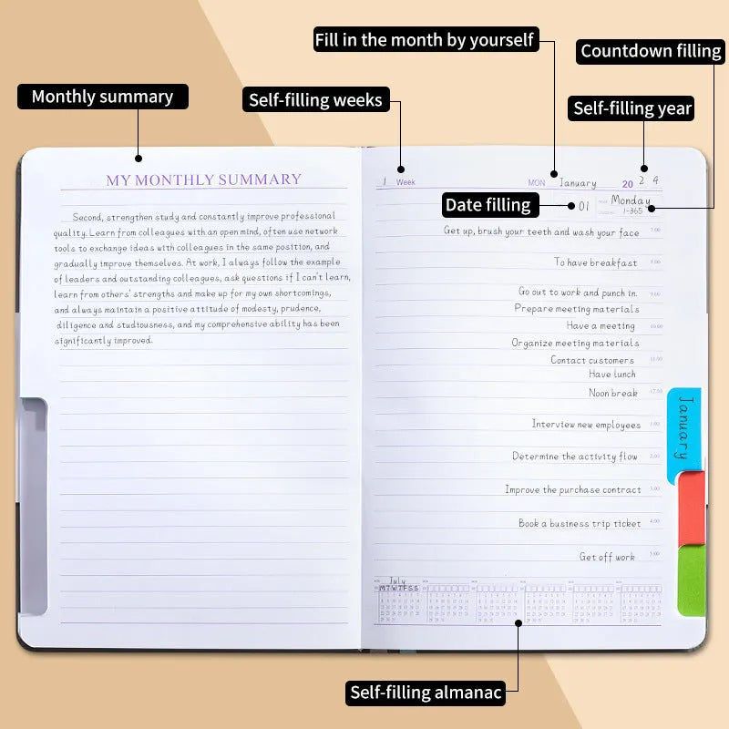 Creative undated notebook with PU leather-style cover in purple, green, black, grey, pink, or orange.