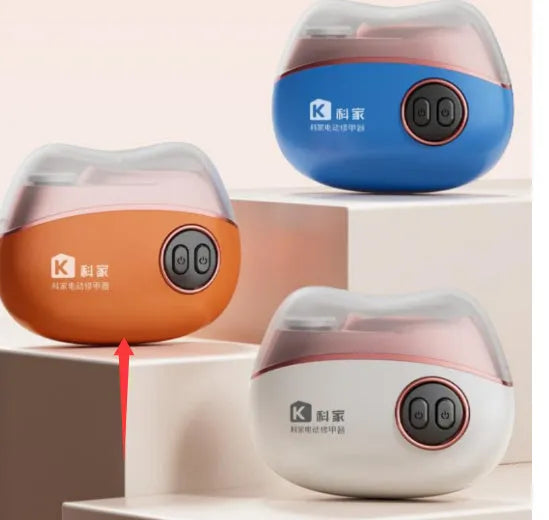 Electric nail clipper and polish two-in-one tool with Type-C charging port in blue, orange, and white colour options