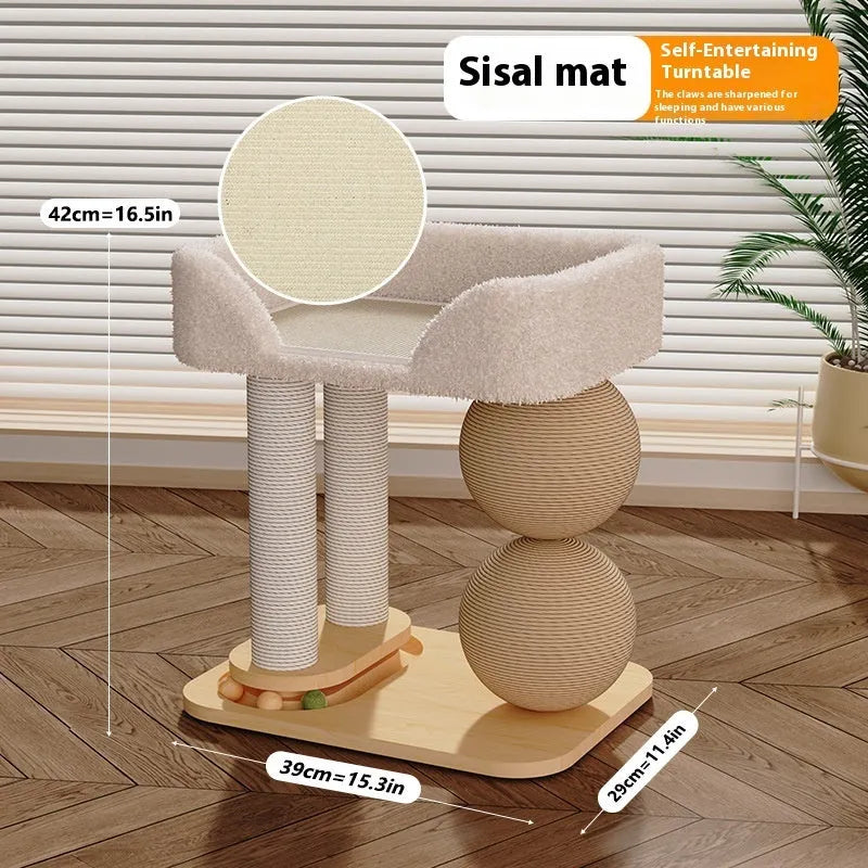 A pine wood cat nest with rounded double ball columns, showing sisal-style scratching surfaces.