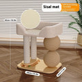 A pine wood cat nest with rounded double ball columns, showing sisal-style scratching surfaces.