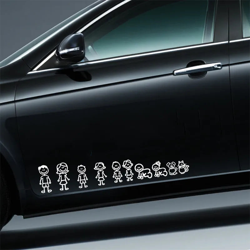 Big family cartoon car sticker, PET decal, 38.3cm by 29.5cm, in black white or laser