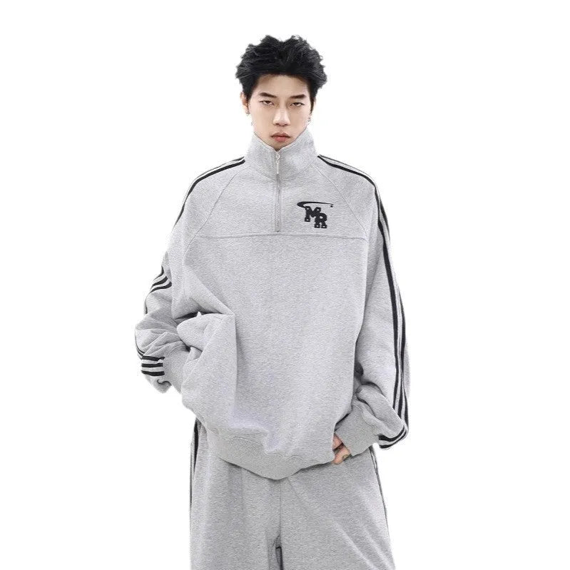 Black American retro hoodie with stand collar, Hong Kong style couple sweater jacket