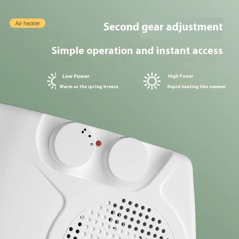 White compact electric heater for desktop use with power and fan controls.