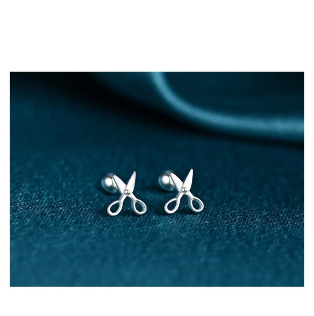 S999 pure silver screw back ear nails with mini scissors design for women