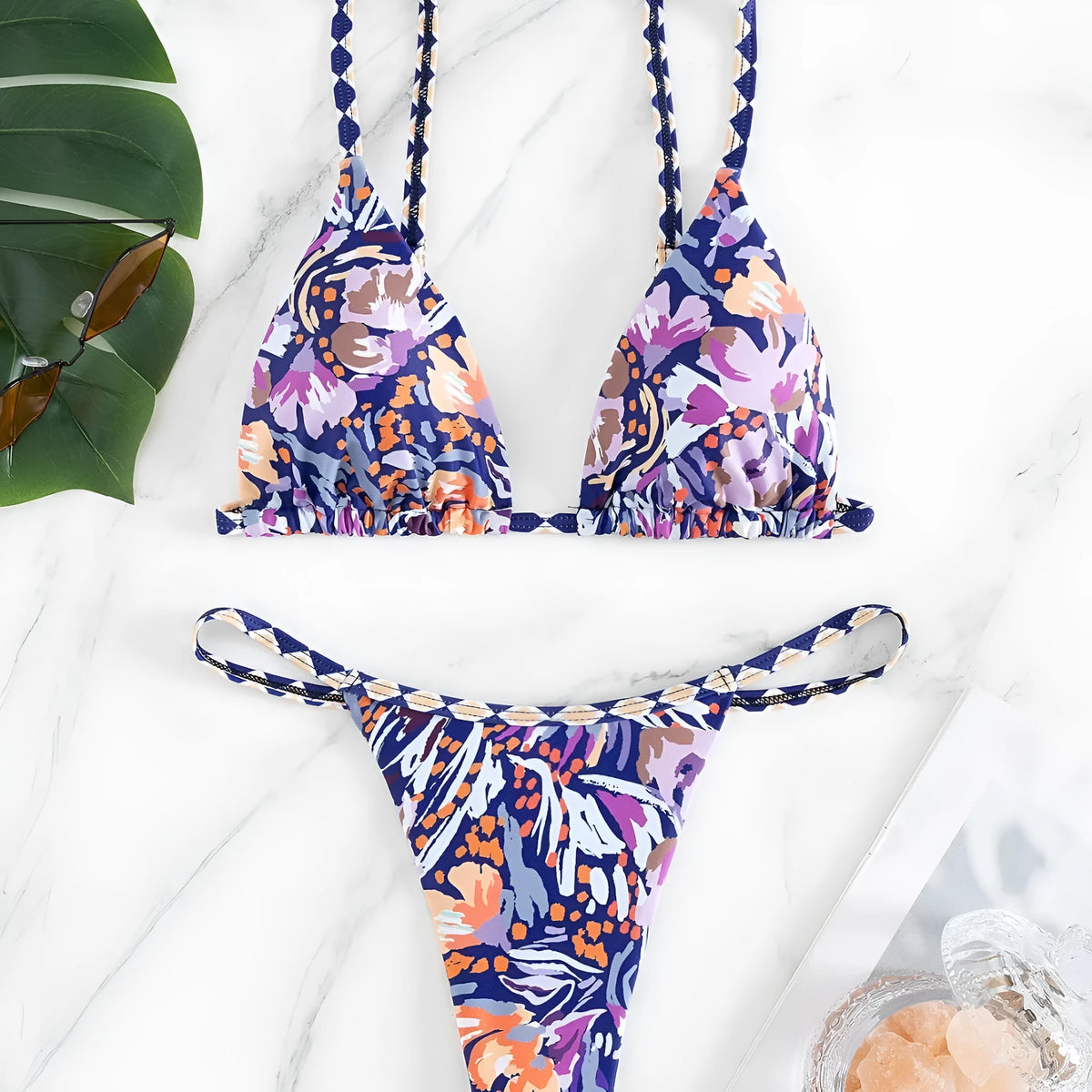 Women's floral print polyester swimsuit with triangle bag top and briefs bottom